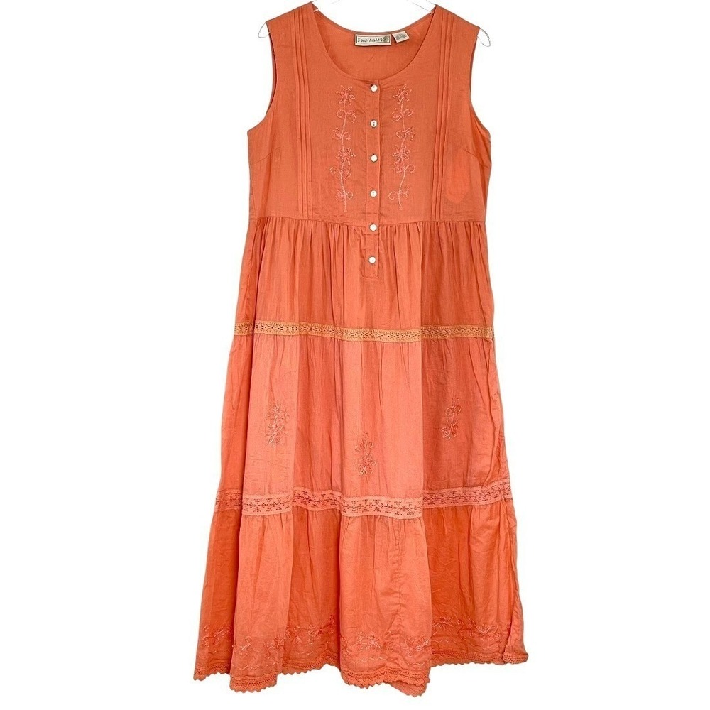 Jane Ashley Maxi Dress Womens M Orange Excellent Tiered Embroidered Boho Cotton - Picture 2 of 15